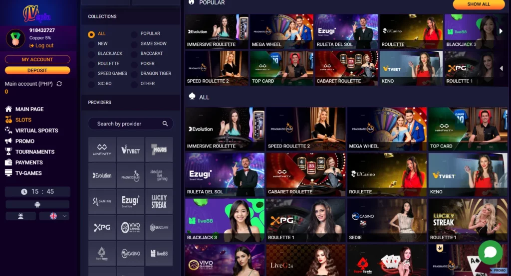 Popular Live Casino games atJVSPIN